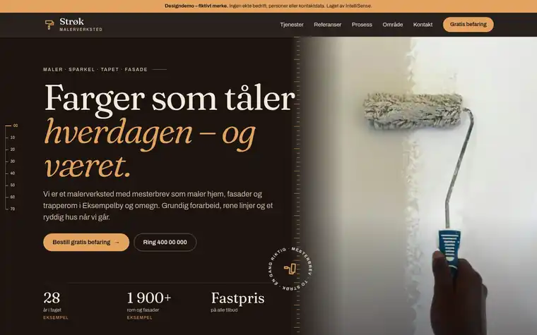 Skjermbilde av håndverkerdemoen Strøk Malerverksted: mørk, varm hero med malerrull og overskriften «Farger som tåler hverdagen – og været».